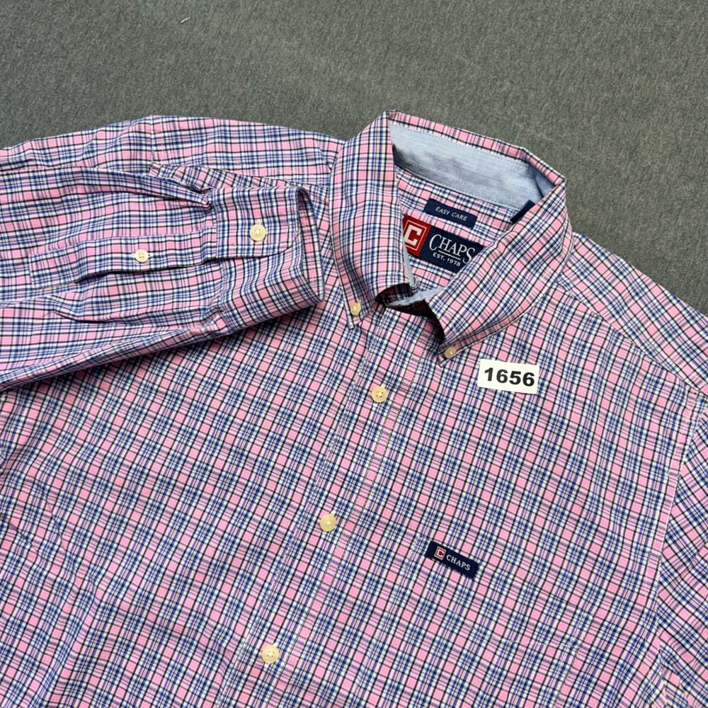 Chaps Mens Easy Care Plaid Button Down Shirt Pink Blue White Size M Long Sleeve